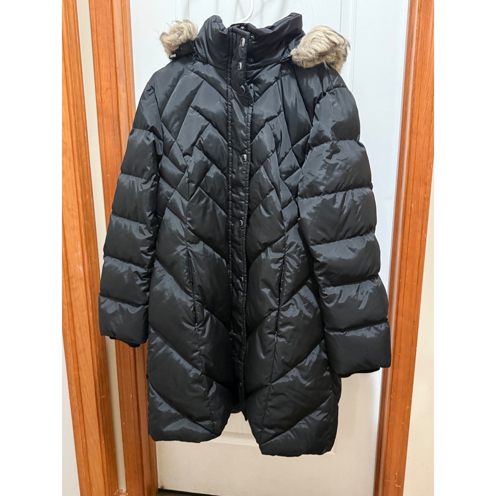 London Fog Black Quilted Puffer Coat Faux Fur Hood Down Blend Parka XL